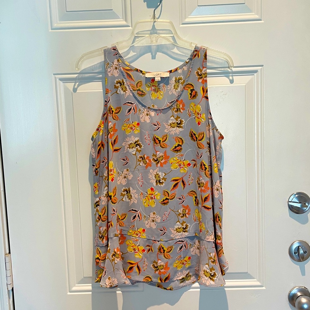 LOFT Floral Peplum Coral Yellow Pink Ruffle Flowy Sleeveless Top Size Medium
